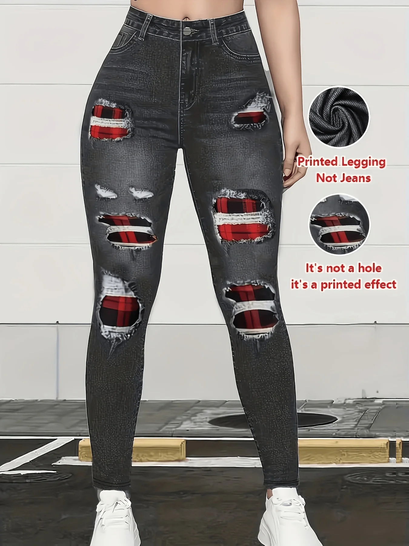 Women Printed Leggings Not Denim Fabric, Fake Pocket & Button Print Design Pants, High Elastic Fashion Slim Fit Skinny Casual