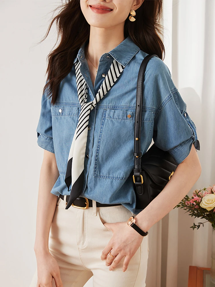 Temperament Lapel Denim Shirt Women 2024 Summer New Single-Breasted Vintage Blouses Female Loose Fashion Cowboy Tops