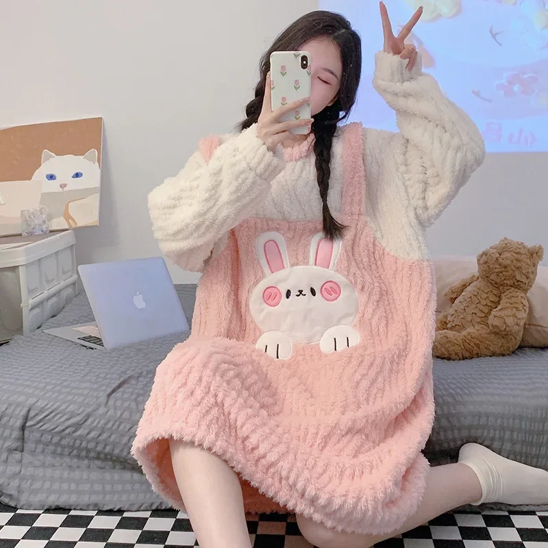 150kg Extra Large Size Coral Fleece Sleepwear Women's Cartoon Winter Thickened Sleep Dress Homewear Robe Korean Sweet Pajama