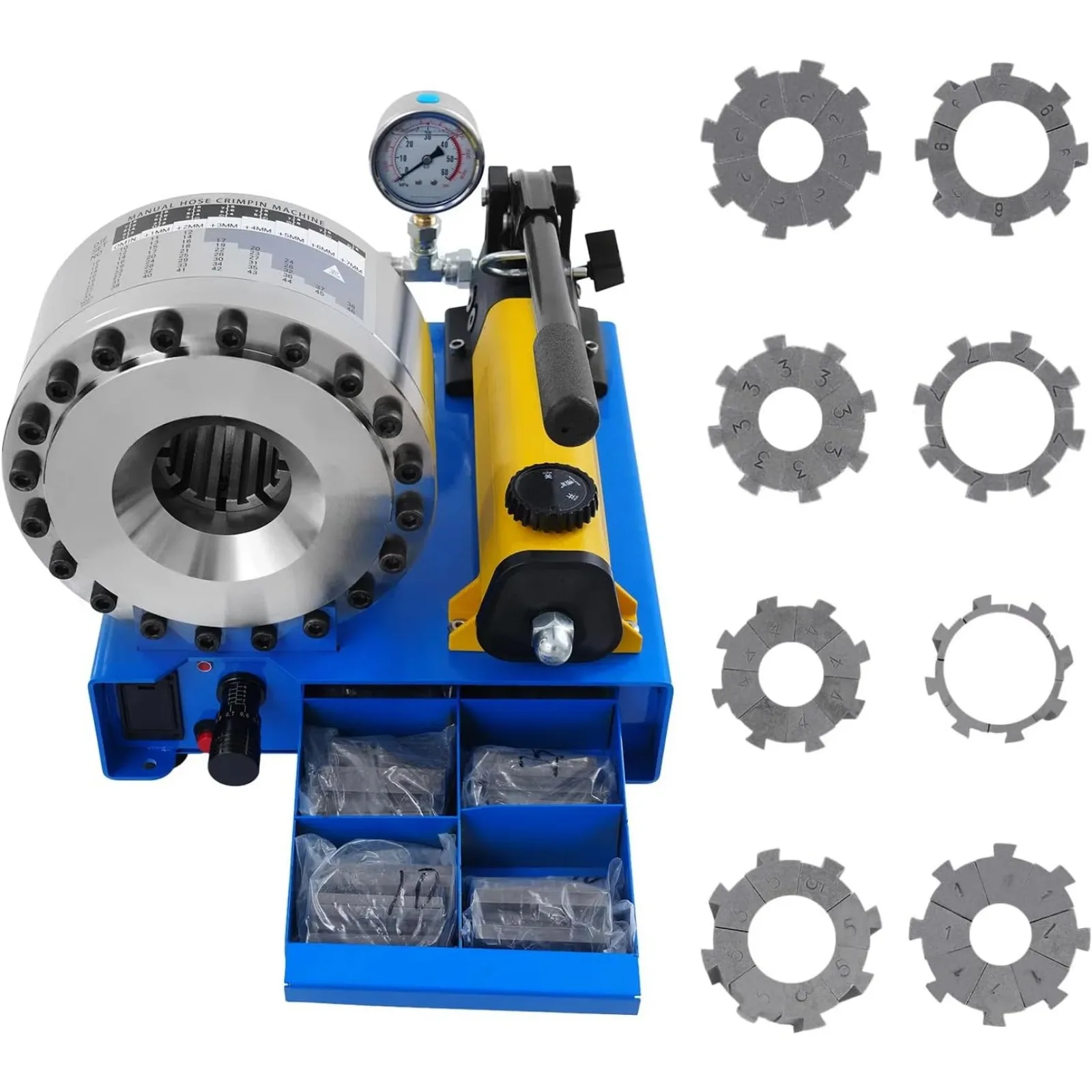 

Hydraulic Hose Crimper with 8 Sets of Dies (10-31mm), High Pressure Hydraulic Hose Crimping Tool, 0.01mm Accuracy