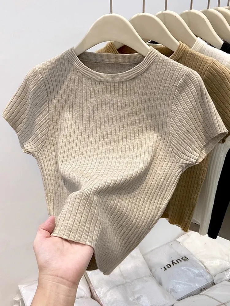 Women's Khaki Knit T-shirt Short Sleeve Crew Neck Cropped T-shirt Korean Style Y2K Gyaru Vintage Knitwear for Women Summer 2026