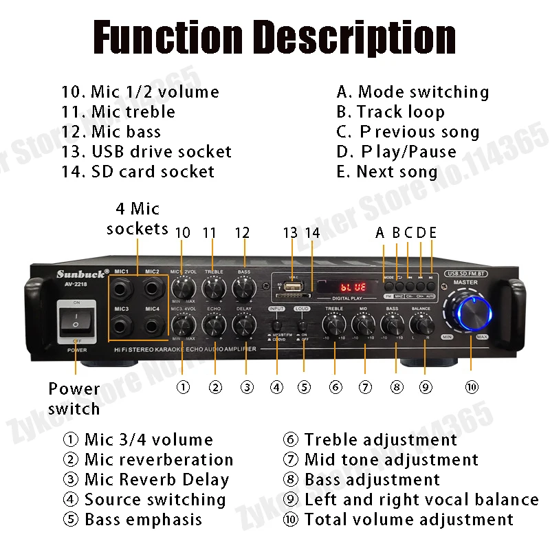 4000W Bluetooth Amplifiers Support 4 Way Microphone Input USB SD FM AUX Digital Audio Stereo Amplificador Speaker Remote Control