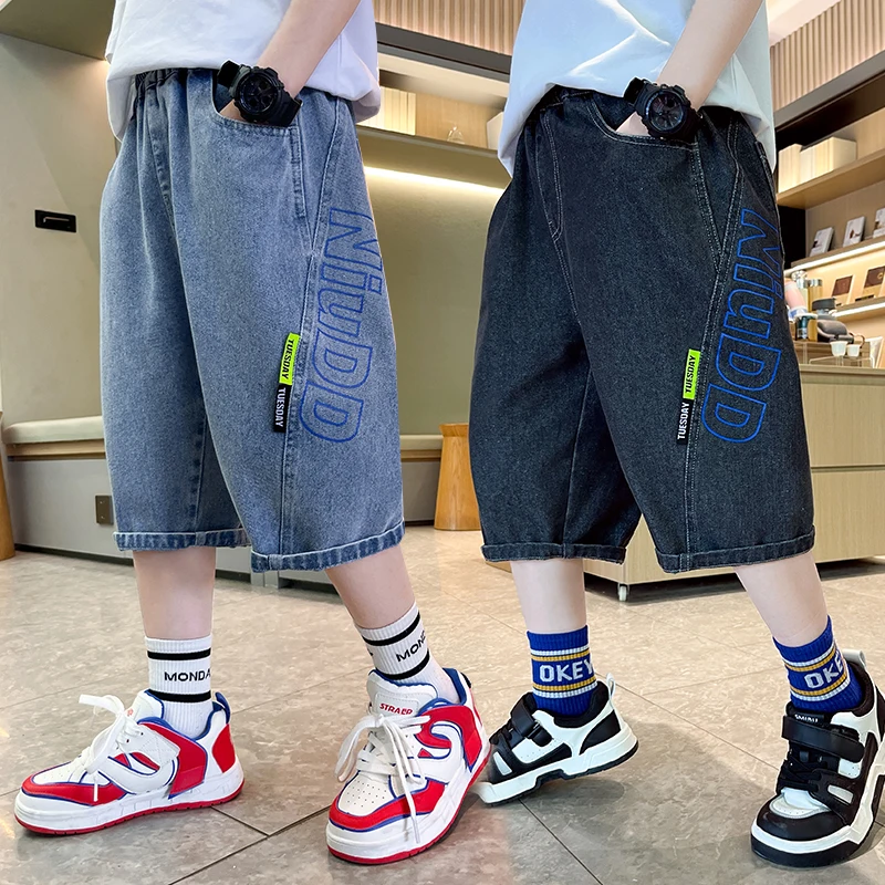 Korean Kids Boy Loose Straight Summer Jeans Shorts Tweens Child Luxury Black Blue Denim Shorts 5 6 7 8 9 10 11 12 13 14 Years