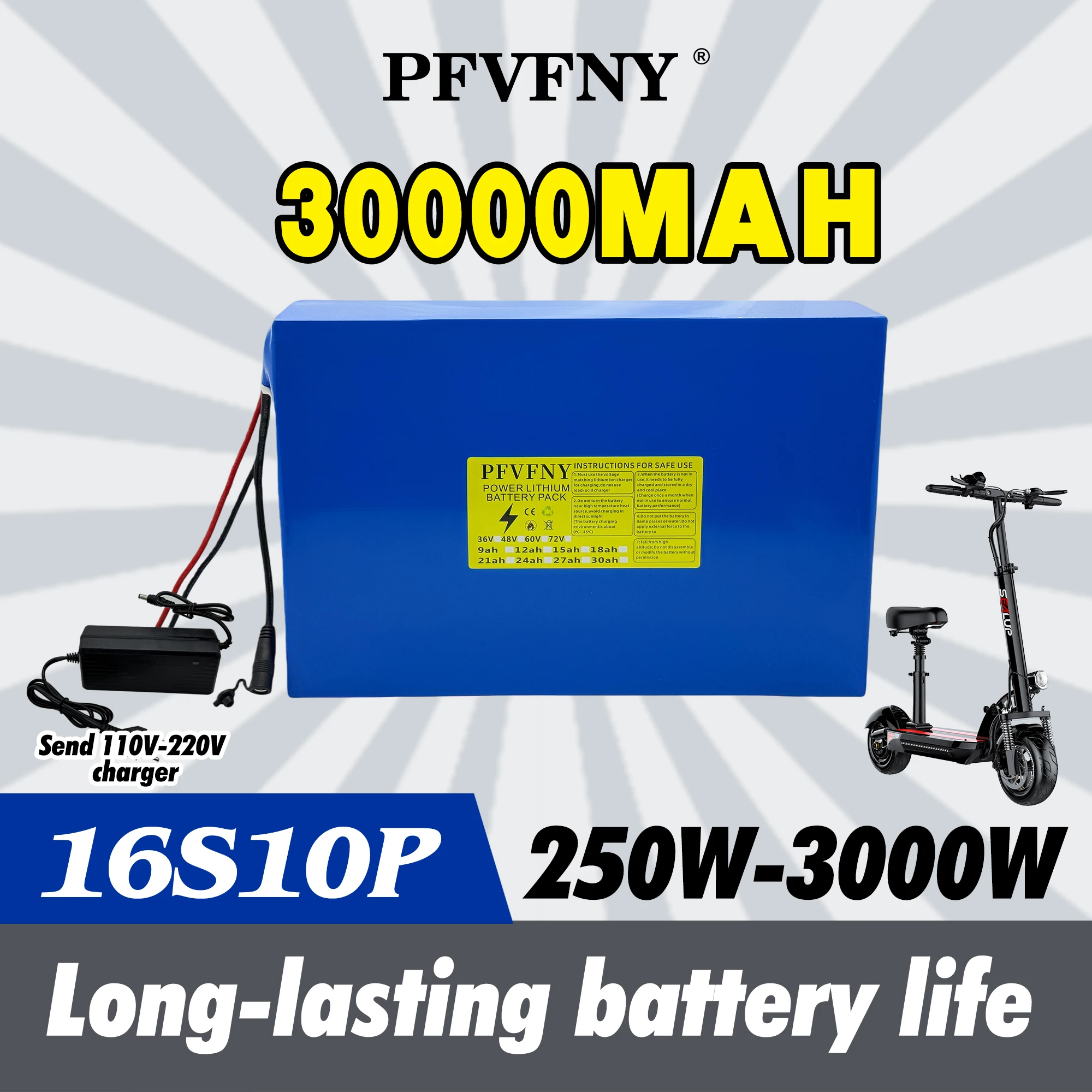 

60V 30AH 16S10P Battery Pack Free 110V-220V Charger Built-in BMS Safe Efficient/Compact and portable