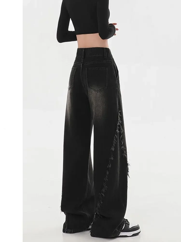 Black Vintage Fringe Wide Leg Jeans Women Loose and Slimming Pants New High Waisted Casual Y2K Straight Fashion Trousers