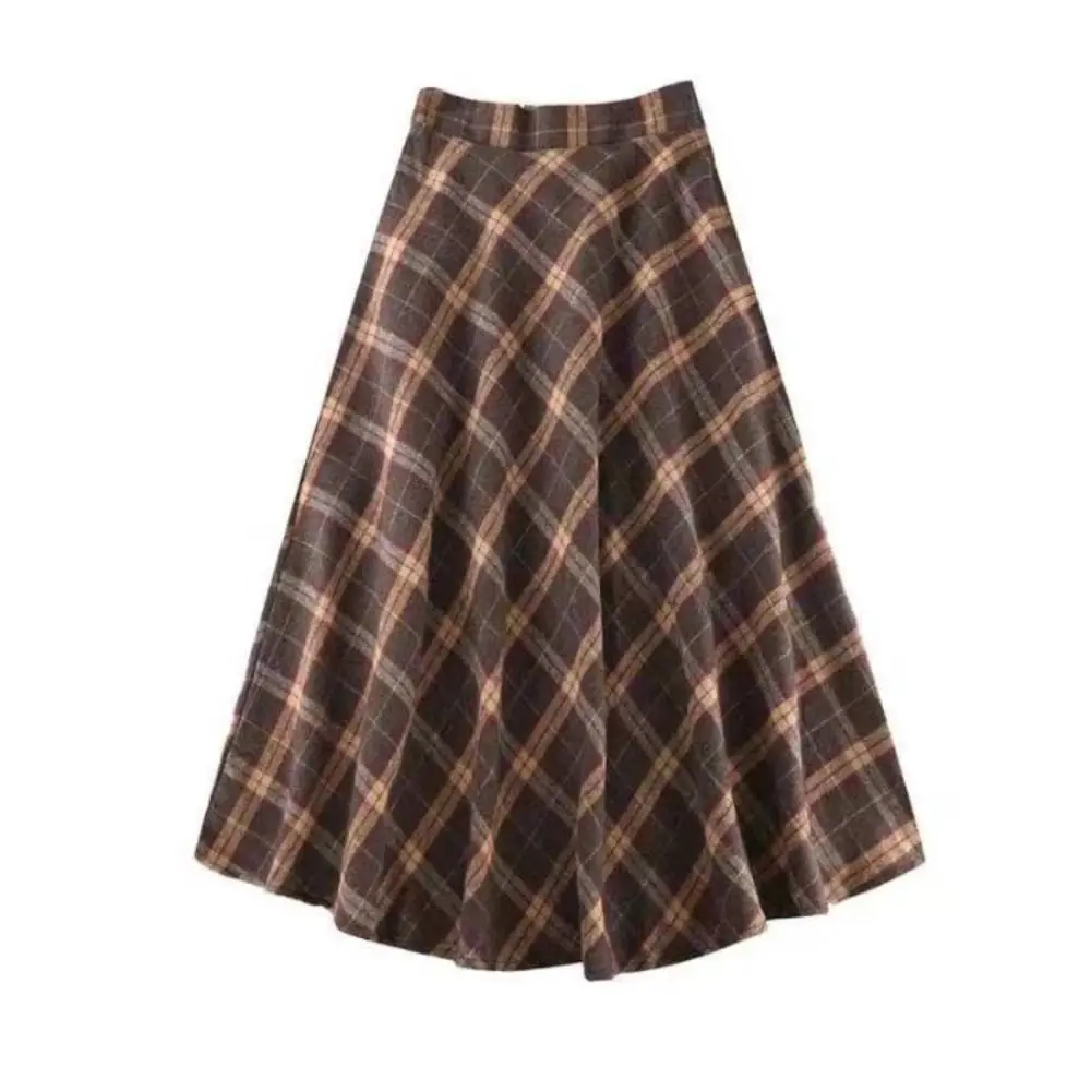 Fashion High Waist Retro Plaid Skirt Slim Fit Winter Autumu High Waist Long Skirt Aesthetic Preppy Style A-line Half Dress Women