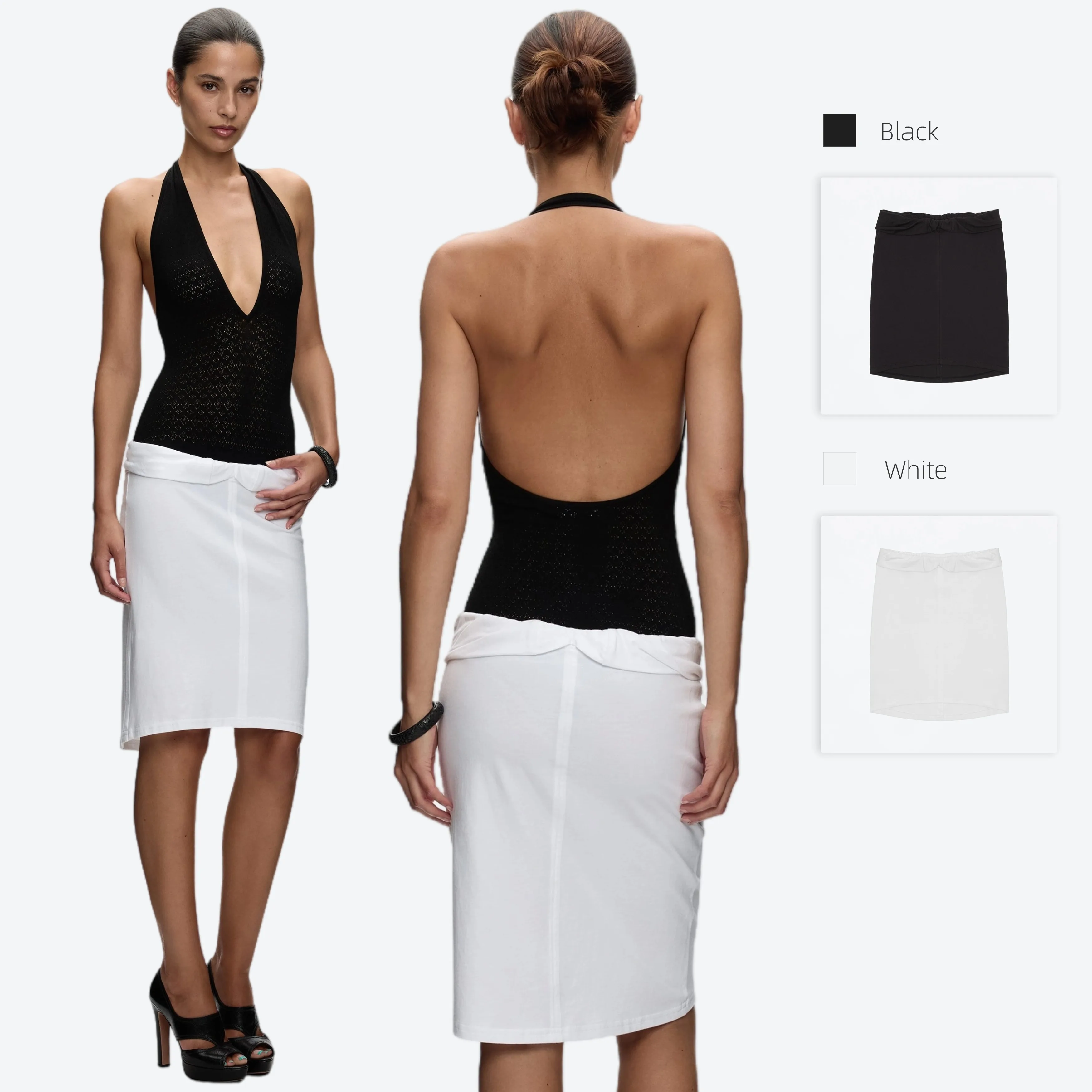 Tank Black and White Long-Sleeved Cardigan with 3D Patchwork, Short Jacket with a Plump Waistline and Midi Skirt