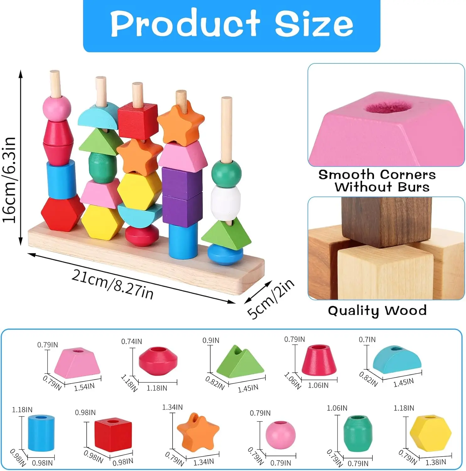 몬테소리 끈 구슬 시퀀싱 장난감 - 2-5세 유아용 나무 끈 구슬, 운동 능력 개발 장난감 (매칭 게임 포함), 모양