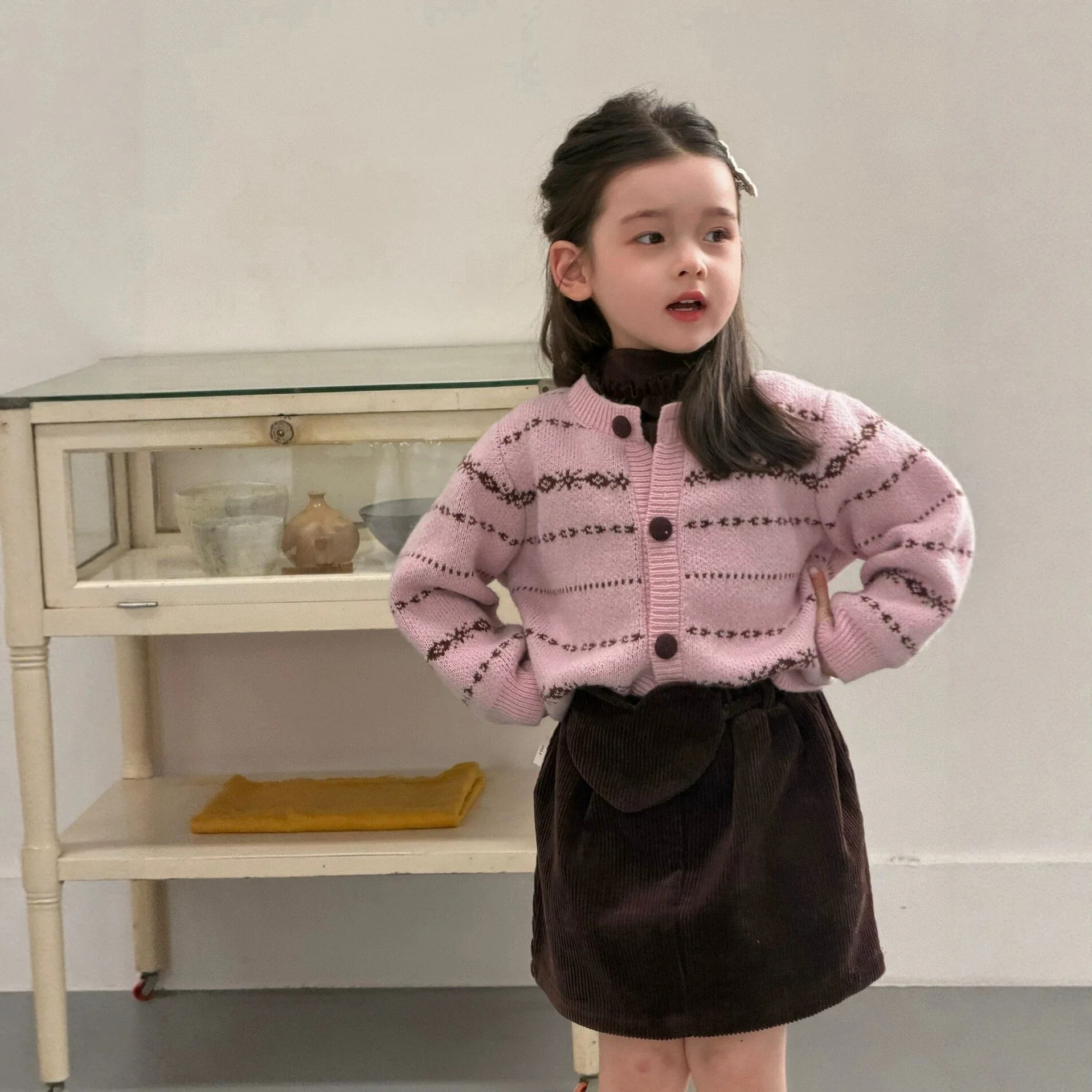 2026 Girls Set Fall New Korean Sweater Knit Cardigan Skirt 2 Piece Set Medium Small Kids New Fashion