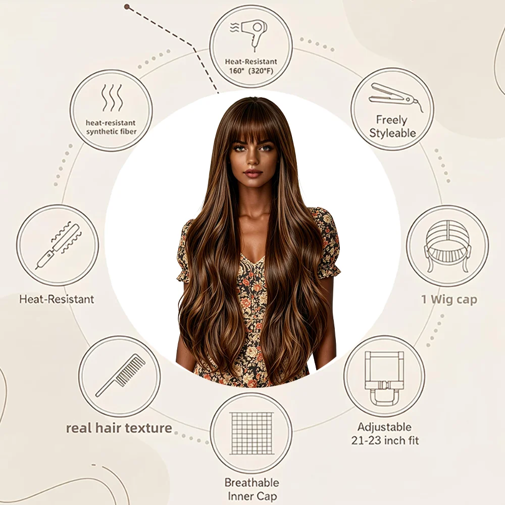 Natural Dark Brown Long Body Wavy Wig with Bangs Soft Realistic Heat Resistant Synthetic Wig For Black Women Daily Party Wear