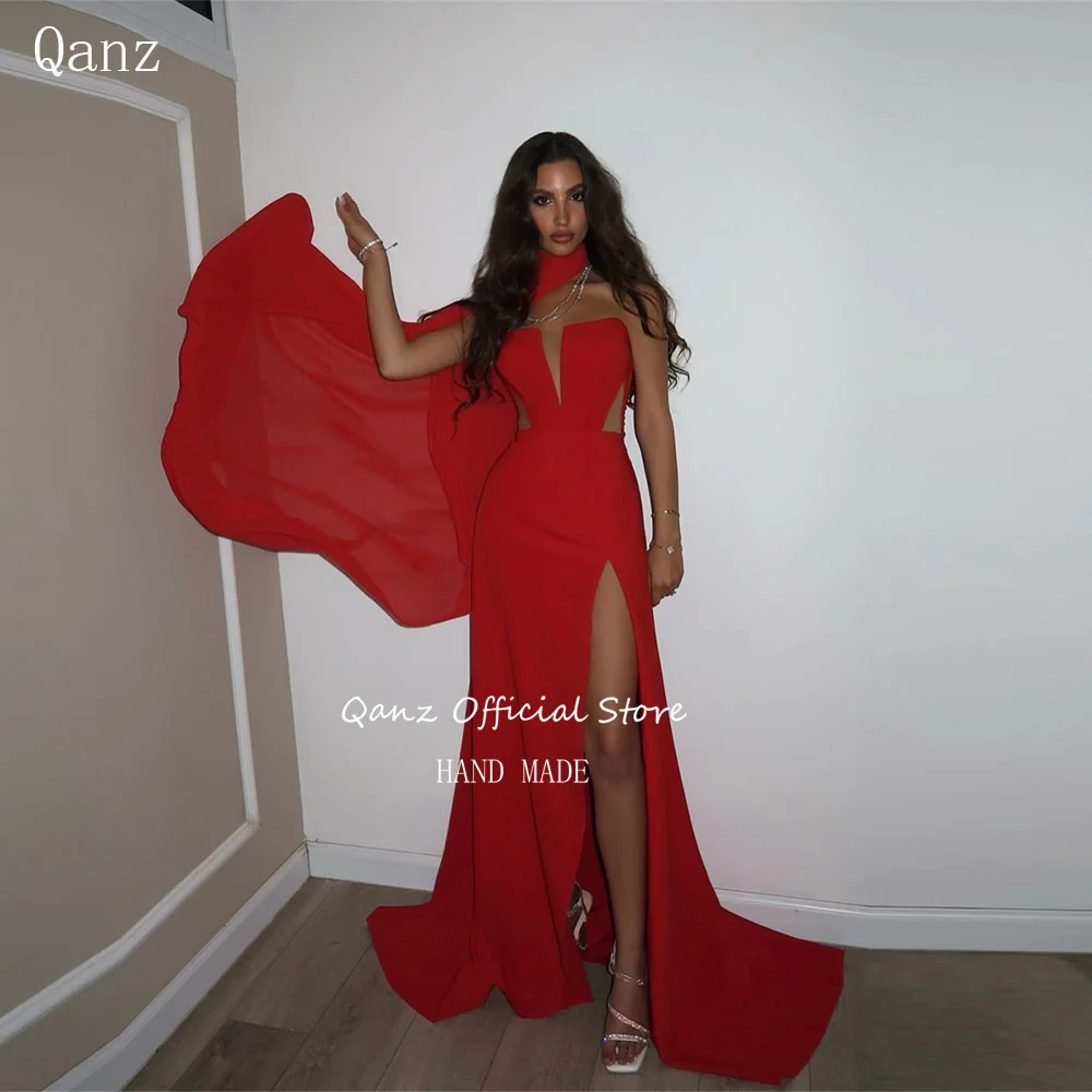

Qanz Gracefull Red Evening Dresses Satin Mermaid High Slit Vestidos De Fiesta Elegantes 2025 With Scarf Party Dresses Customized