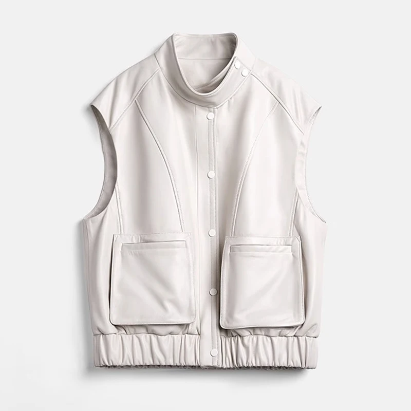 Casual Leather Vest for Women Soft Sheepskin Standing Collar Sleeveless Jacket Big Pocket White Loose Outerwear Colete Feminino