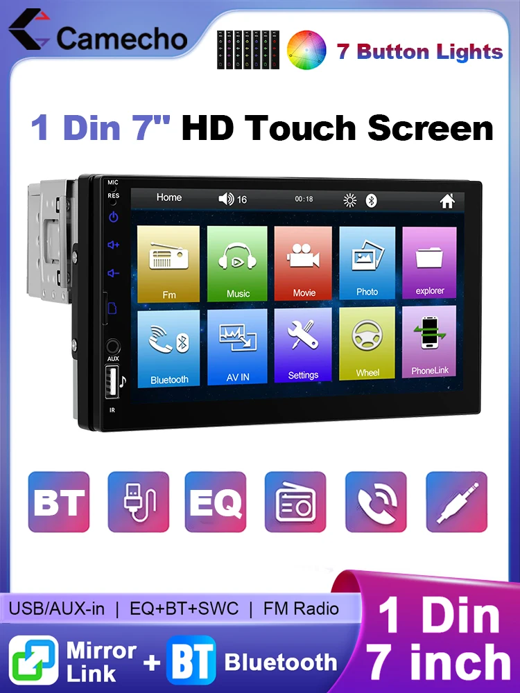 Camecho 1 Din Autoradio 7 "HD Touchscreen Stereo Multimedia MP5 Videospeler Universele Mirrorlink FM USB BT TF-kaart AUX-ingang - afbeelding 2