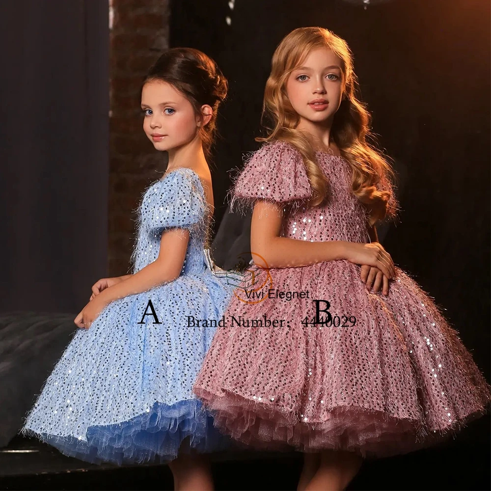 Simple Blue Short Sleeveless Sequined Flower Girl Dresses Scoop Christmas Gowns for Princess 2023 Tiered Cute فساتين اطفال للعيد