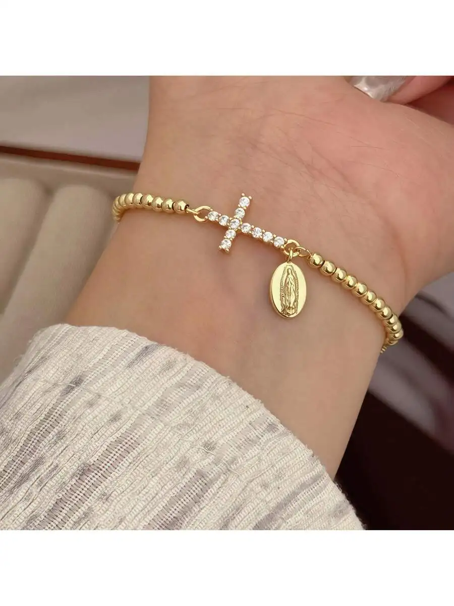 Pulsera de cuentas dorada con cruz de cristal y dije de la Virgen María, joyería religiosa de moda para mujer para uso diario.