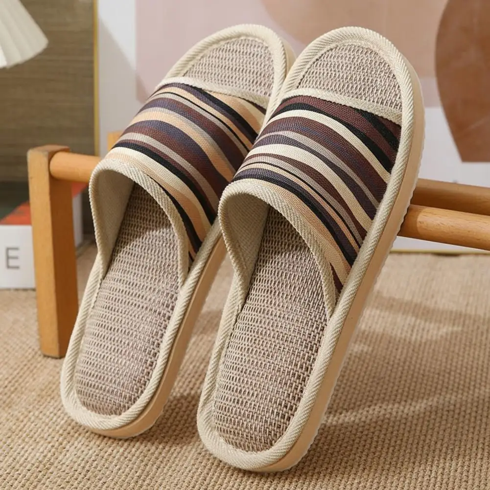 Men Linen House Slippers Open‑Toe Slides Breathable Striped Retro Fowers Slides For Indoor Home Bedroom Slippers