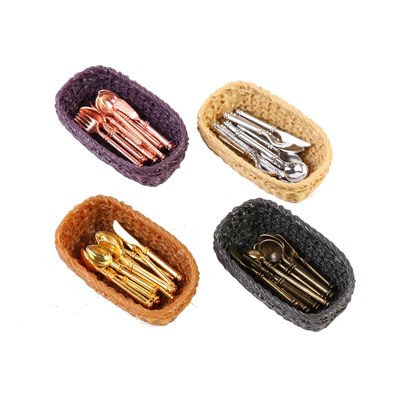 1 conjunto mini talheres faca garfo colher brinquedo das crianças para casa de boneca decoração do vintage casa de bonecas miniaturas cesta de talheres e talheres