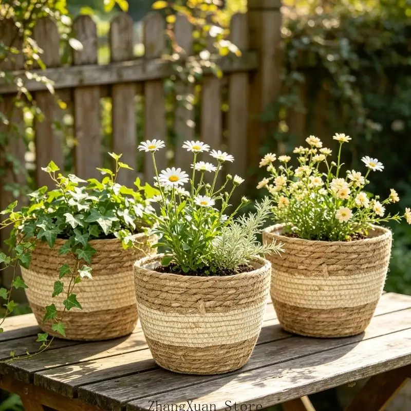 3 Stück neutrale farbblockierte Blumentopfkörbe, abgestufte Naturfaserabdeckungen 3XUF – Detail 10