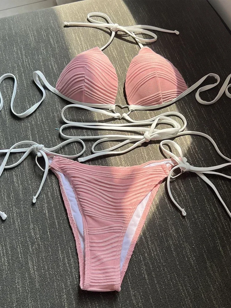 

Sexy High Waist Solid Split Bikinis 2 Piece Set Women Swimwears Beach Backless Lace Up Bikini 2024 New Summer Bikinis Set