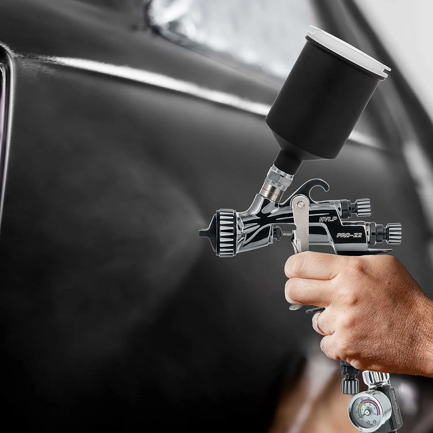 Elite High-Performance PRO-22 Series HVLP Touch Up Spray Gun with 1.0mm Tip and Air Pressure Regulator Gauge - Detail Paint Spra