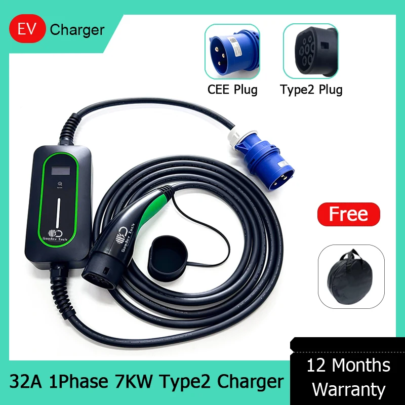 

Home Portable Electric Vehicle Charger 7KW 32A Type 2 IEC 62196-2 GB/T Type 1 J1772 Adjustable Current For Multiple Car Models