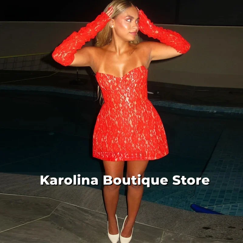 

Sexy Red Lace Mini Prom Dresses Sweetheart With Flesh Colored Lining Dresses for Woman Party Wedding Evening Customized
