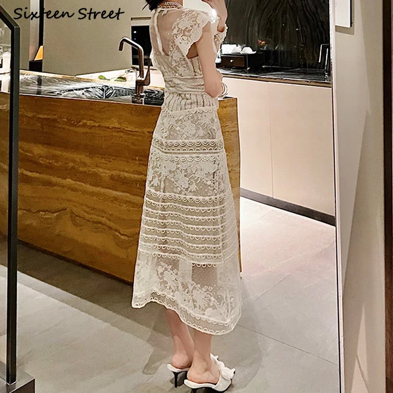 Party Lace Dress Women Apricot  Vintage Embroidery Flora Evening Vestido Women Clothing Sleeveless Elegant Dresses Patch