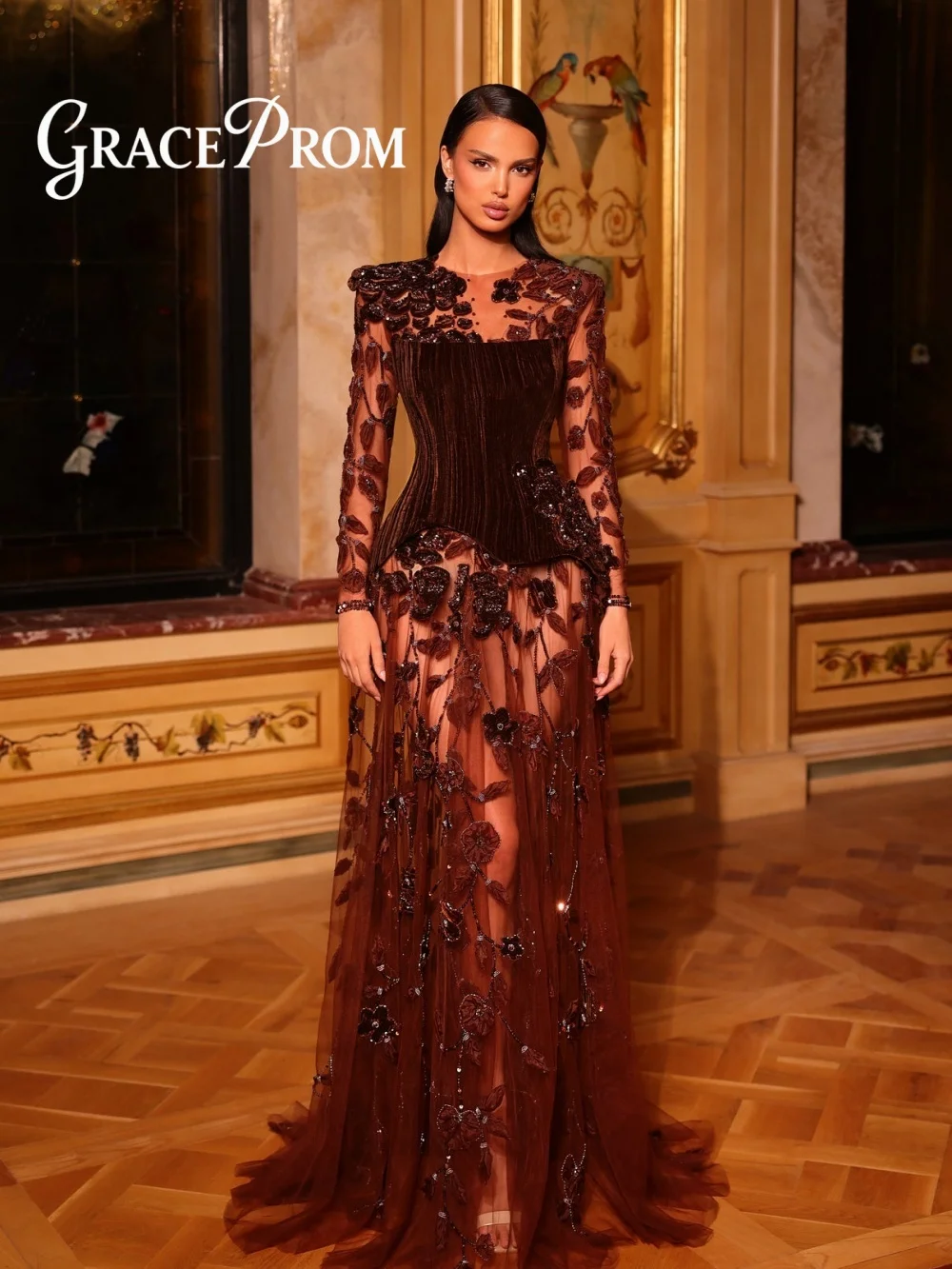 Formal Long Sleeve Beaded Evening Dress 2026 Luxurious Velvet Carpet Gown Popular 3D Floral Floor Length Party Gown فساتين