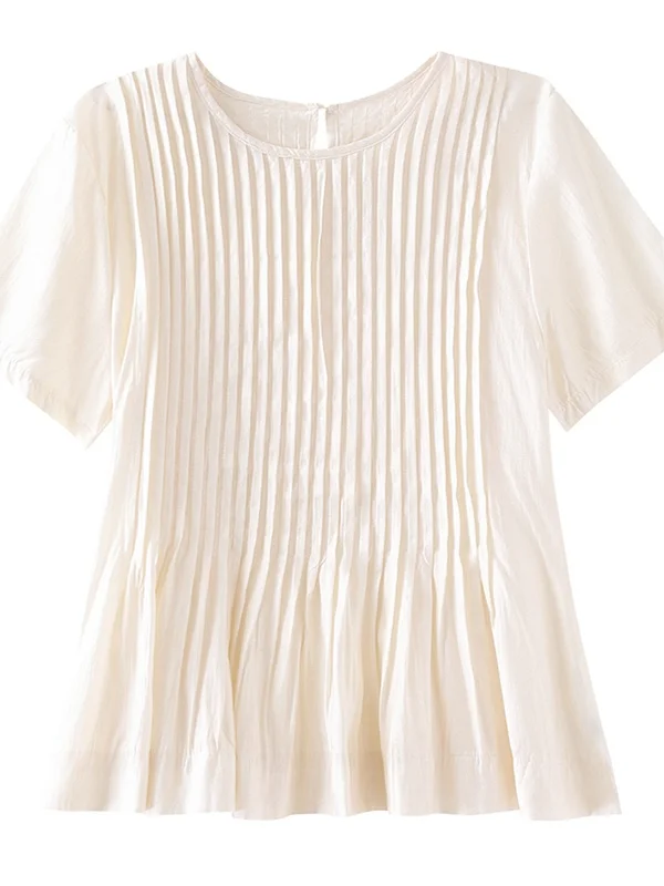 Dames ort Sve T-shirt rond Ne geplooide zoom Dunne irt-top Koreaanse Sle Loose Fit Normaal dunne pure kleur