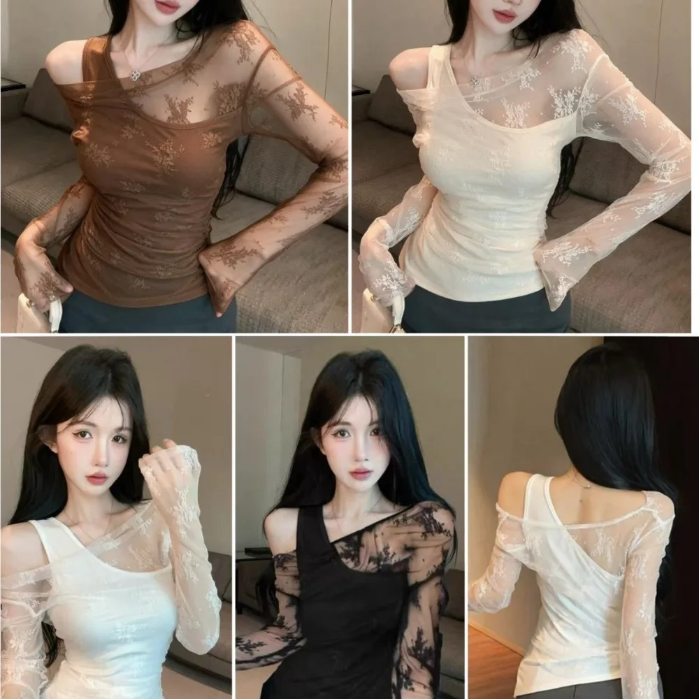 Mock Layer Lace Patchwork Sheer Long Sleeve Top for Women Slim Fit Blouse with Built-in Bra Sexy See Through Layering T-Shirt