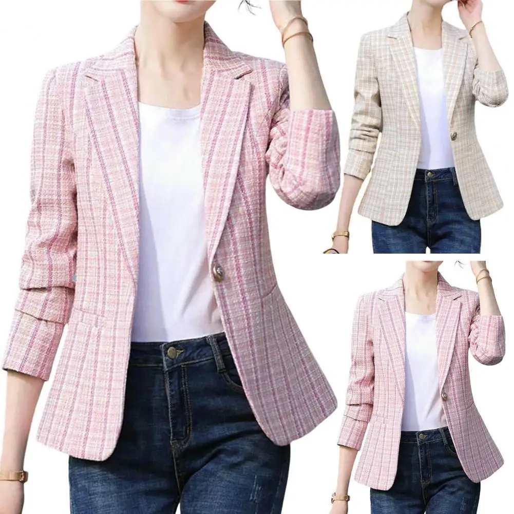 Blazer scozzese da donna Autunno Elegante giacca blazer da donna rosa 2025 Manica lunga Un bottone Office Lady Capispalla allentato per le donne