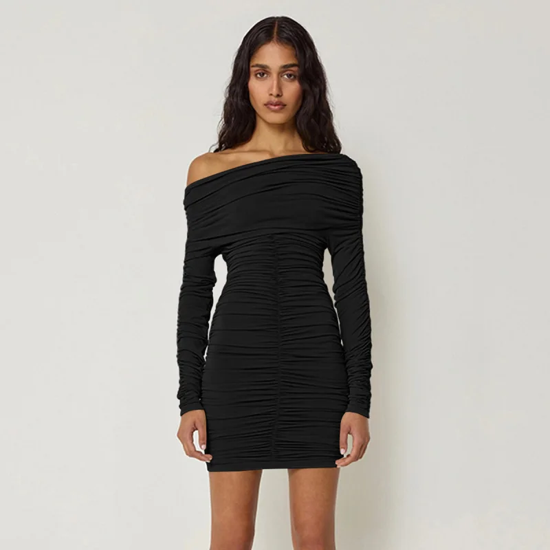 

2025New Women's Long Sleeve Dress European and American Style Sexy Off-Shoulder Strapless Ruched Bodycon Dress