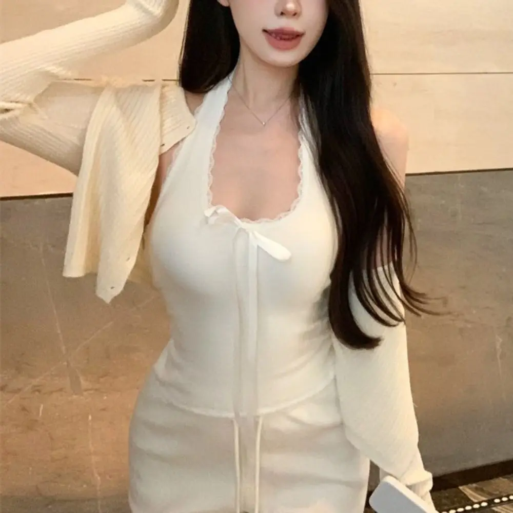 

Elastic Sweet Hanging Neck Crop Top Vest Slim Fit Lace Bow Tank Top Korean Beachwear Halter Sleeveless Camisole Seaside