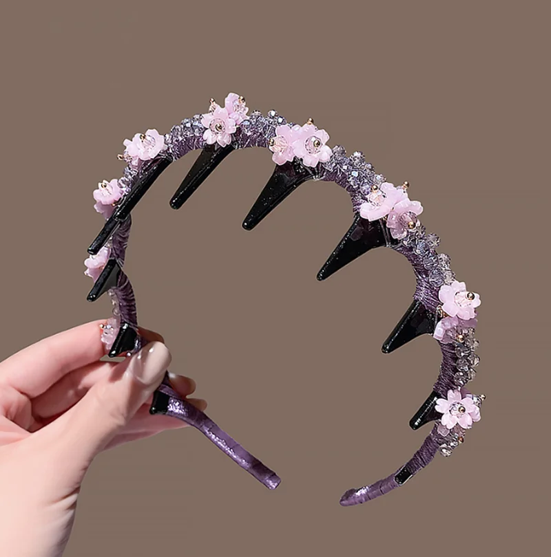 

New Light Purple Crystal Flower Headband with Anti Slip Comb Pressure Hair Accessory Women Wash Face Hairbands Headwear