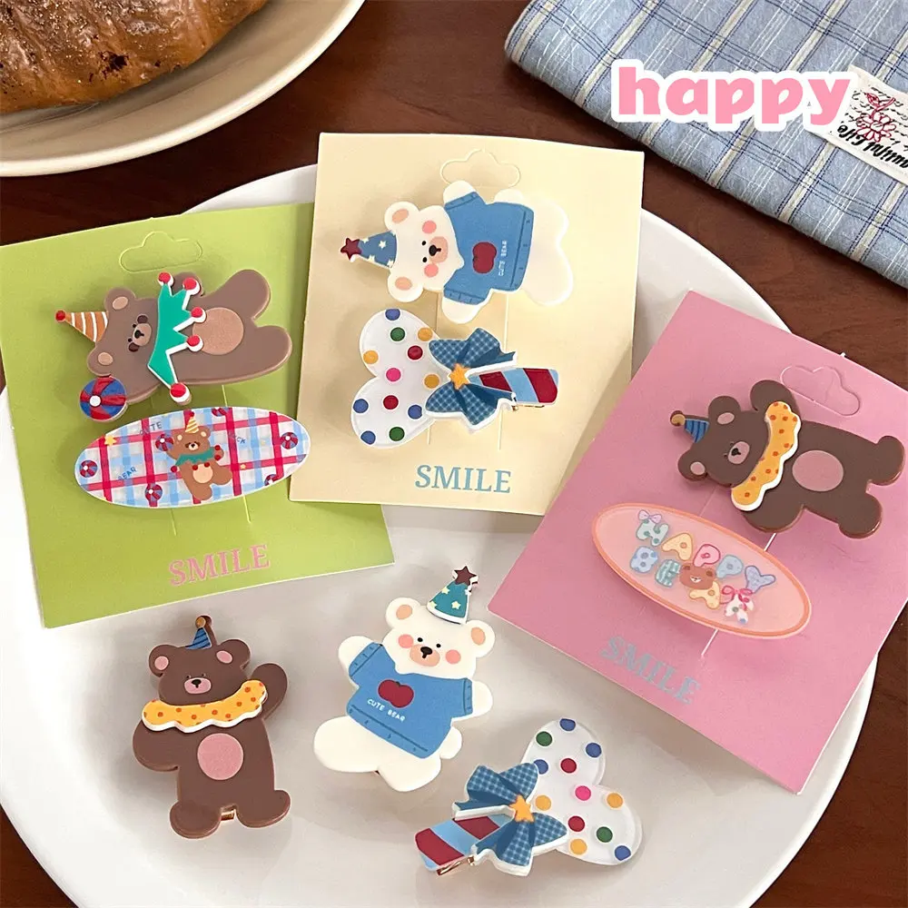 2Pcs Cute Cartoon Teddy Bear Hair Clip Combination Girl Makeup Clip Cute Acrylic Duckbill Clip