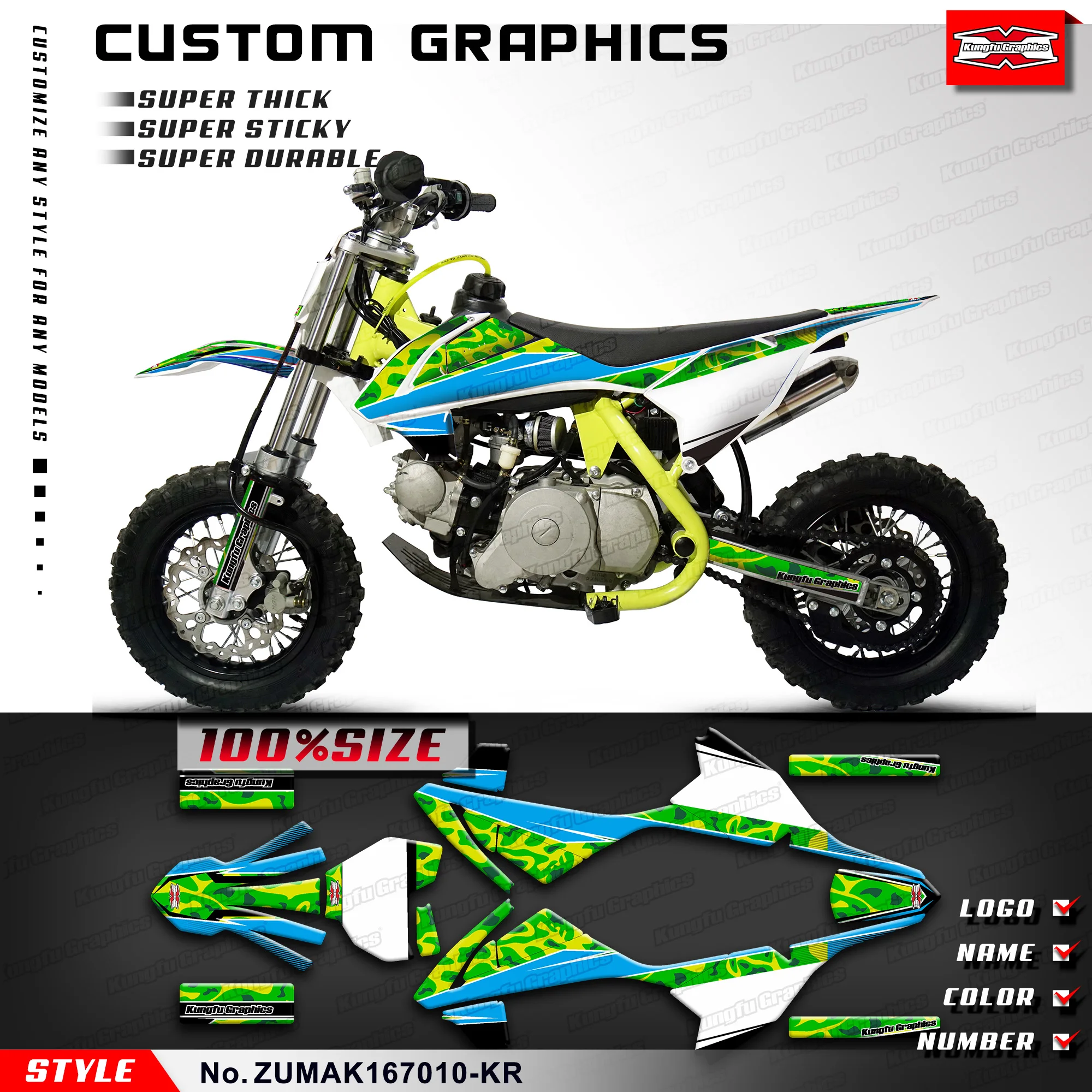 KUNGFU GRAPHICS Kids Mini Dirt Bike Graphics Kit Vinyl Wrap for ZUUMAV K1 50 60 70, Customised, ZUMAK167010-KR