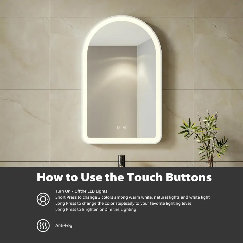 Adjustable Touch Frame Memory Function Light Emitting Diode Arched Bathroom Mirror