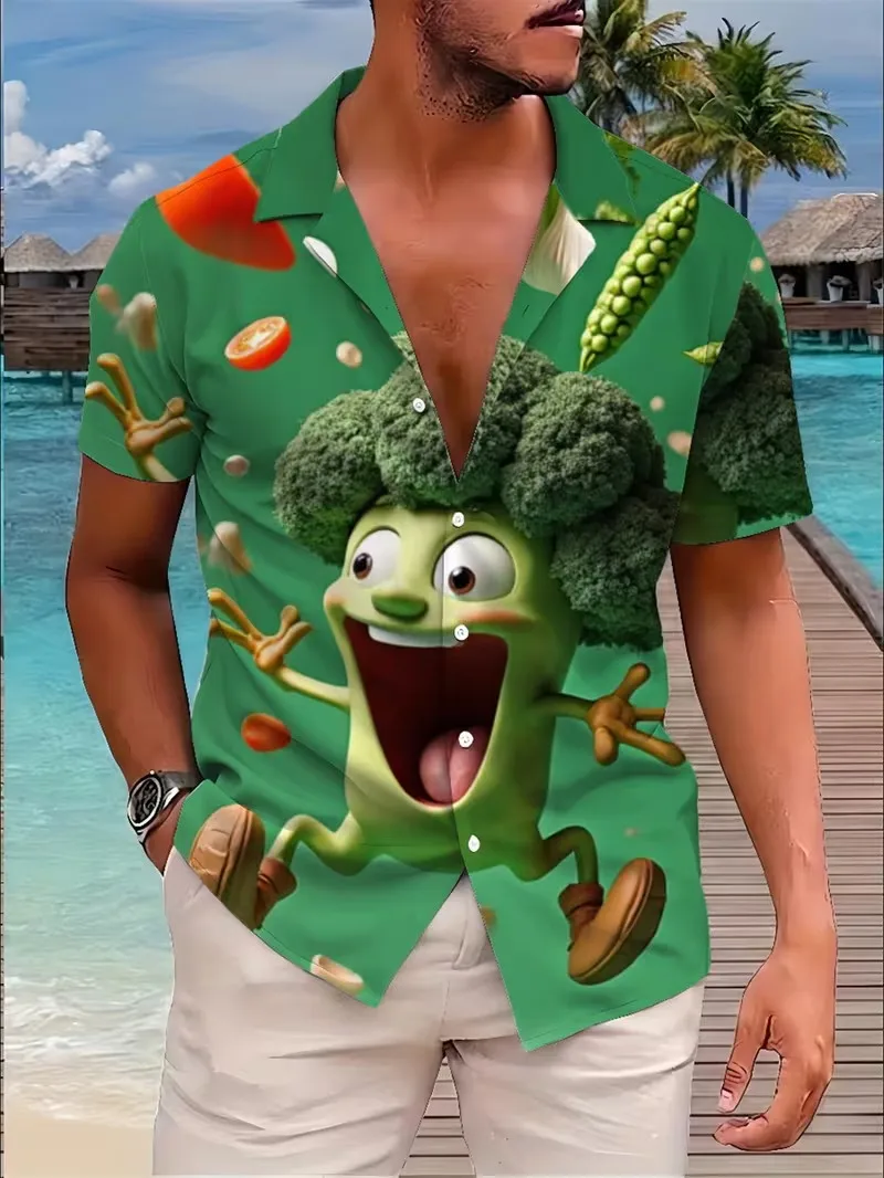 

Men's Funny Cartoon Broccoli Print Hawaiian Shirts Short Sleeve Vegetable Graphic Button Down Beach Cuban Shirt For Summer