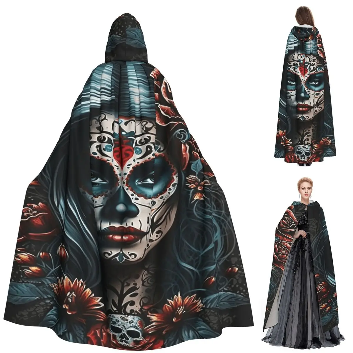 

Мексиканский череп, женский винтажный стиль, длинный плащ с капюшоном, средневековый костюм ведьмы, накидка для косплея, пальто на Хэллоуин для взрослых, унисекс