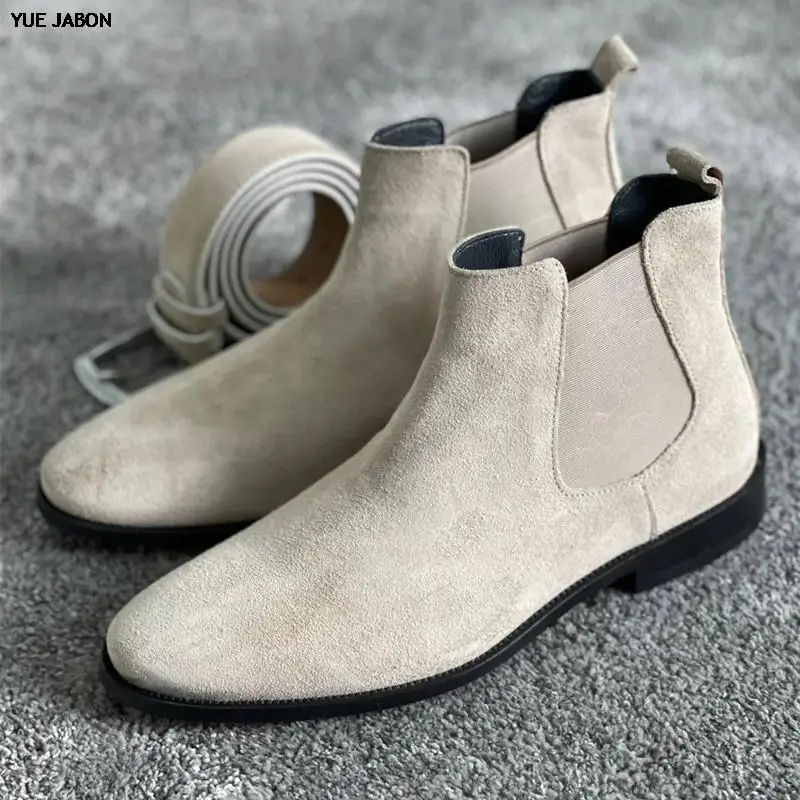 Beige Red Black Men Chelsea Boots Flock Round Toe Slip-On Business Shoes Handmade Men Boots Autumn Winter Botas De Hombre