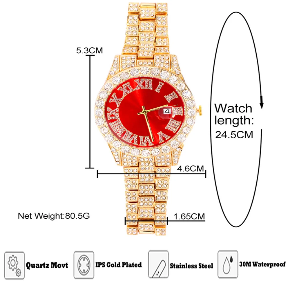 Red Women Watch Iced Out Roman Quartz Watches For Women Luxury Brand Bling Full Rhinestone Men Woman Clock Hiphop Party Jewelry