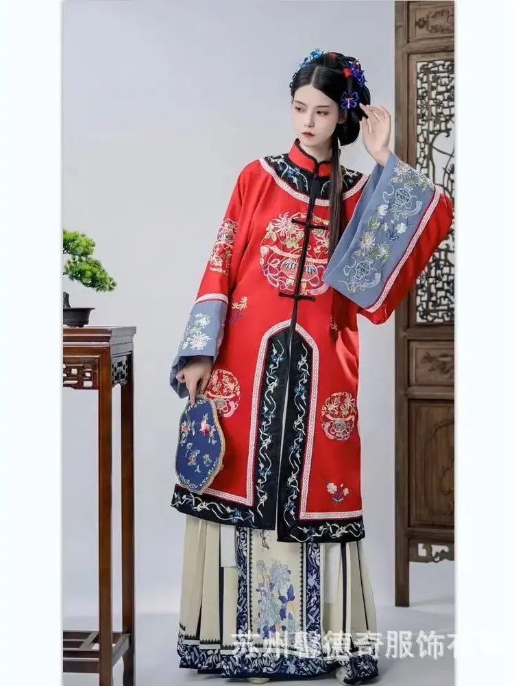 Retro Heavy Industry Antique Clothes Women Qing Dynasty Flower Loose Long Sleeve Embroidery Cheongsam Dress Qipao Cospaly