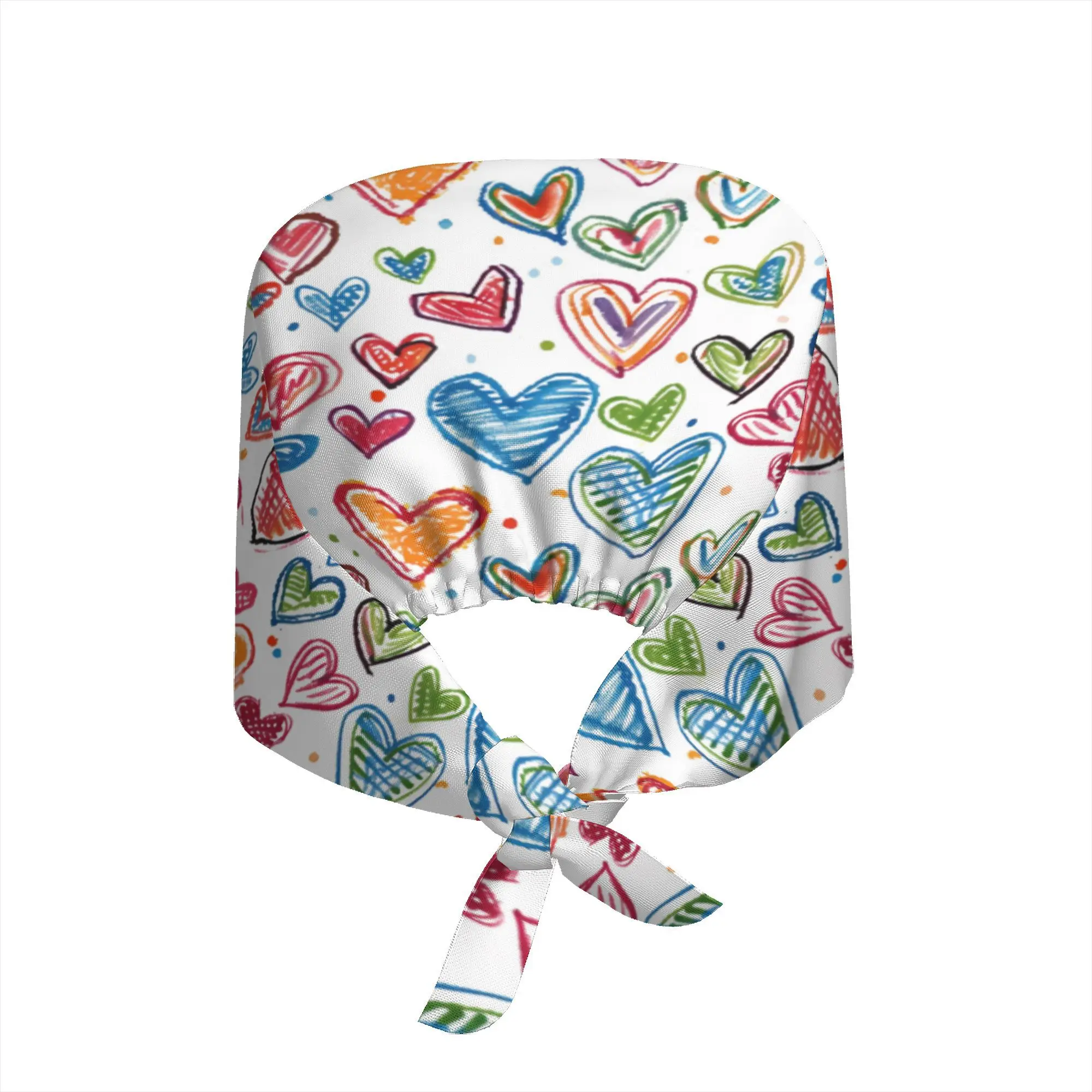 Colorful Doodle Hearts Print Scrub Cap Cute Hand Drawn Love Pattern Hat Adjustable Tie-back Medical Work Cap for Nurses