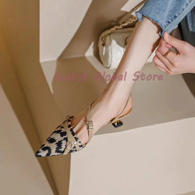 2024 New Arrival Genuine Leather Pointed Toe Shallow Leopard Kitten Heels Sandals Summer Dress Party Soft Comfortable Shoes