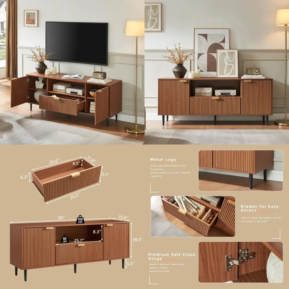 65-Zoll-TV-Ständer – moderne geriffelte Konsole für Wohnzimmer, Medienaufbewahrung mit weichem Scharnier und Schublade, Entertainment-Center aus Holz