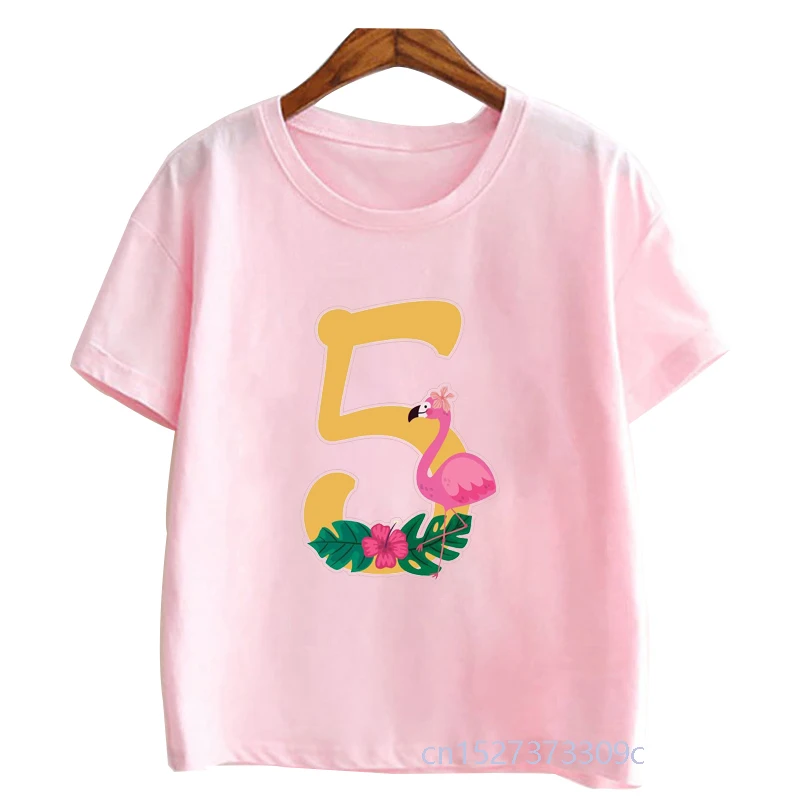 

New Flamingo With Number 2-9 Printed Girls Pink T-shirts Children’S Birthday Present Clothing Baby birthday clothes Tops