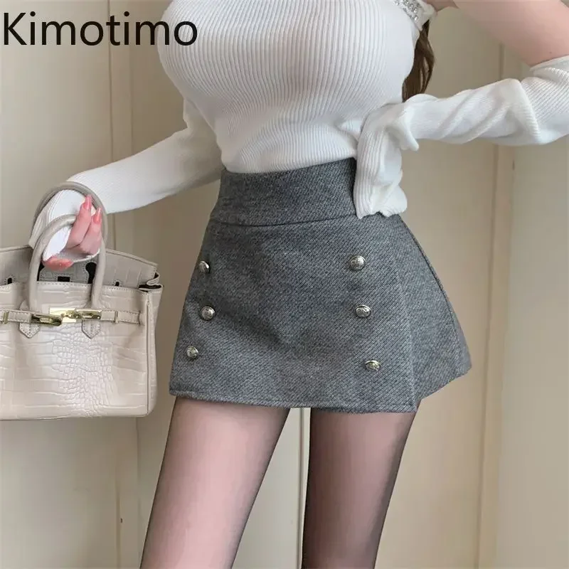 Kimotimo Sexy Women Short Skirts Shorts 2025 New High Waist Double Breasted Design Woolen Mini Skirt Elegant Versatile Faldas