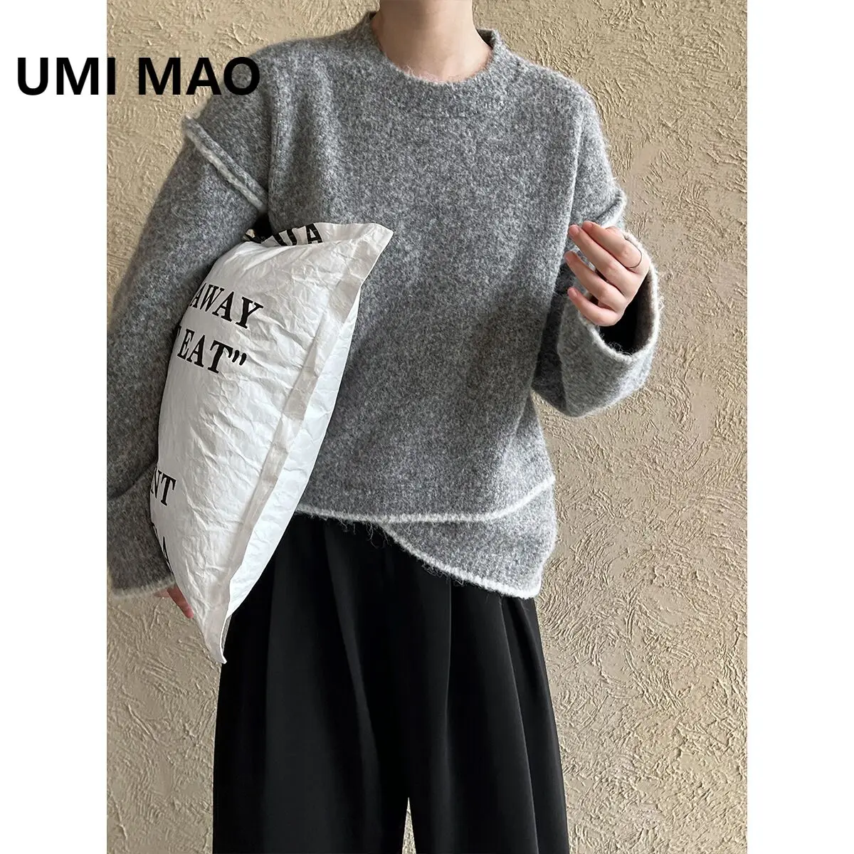 

UMI MAO Lazy Style Color-Block Irregular Hem Sweater for Women Autumn Winter Loose Casual Youthful Elegant Top ss622