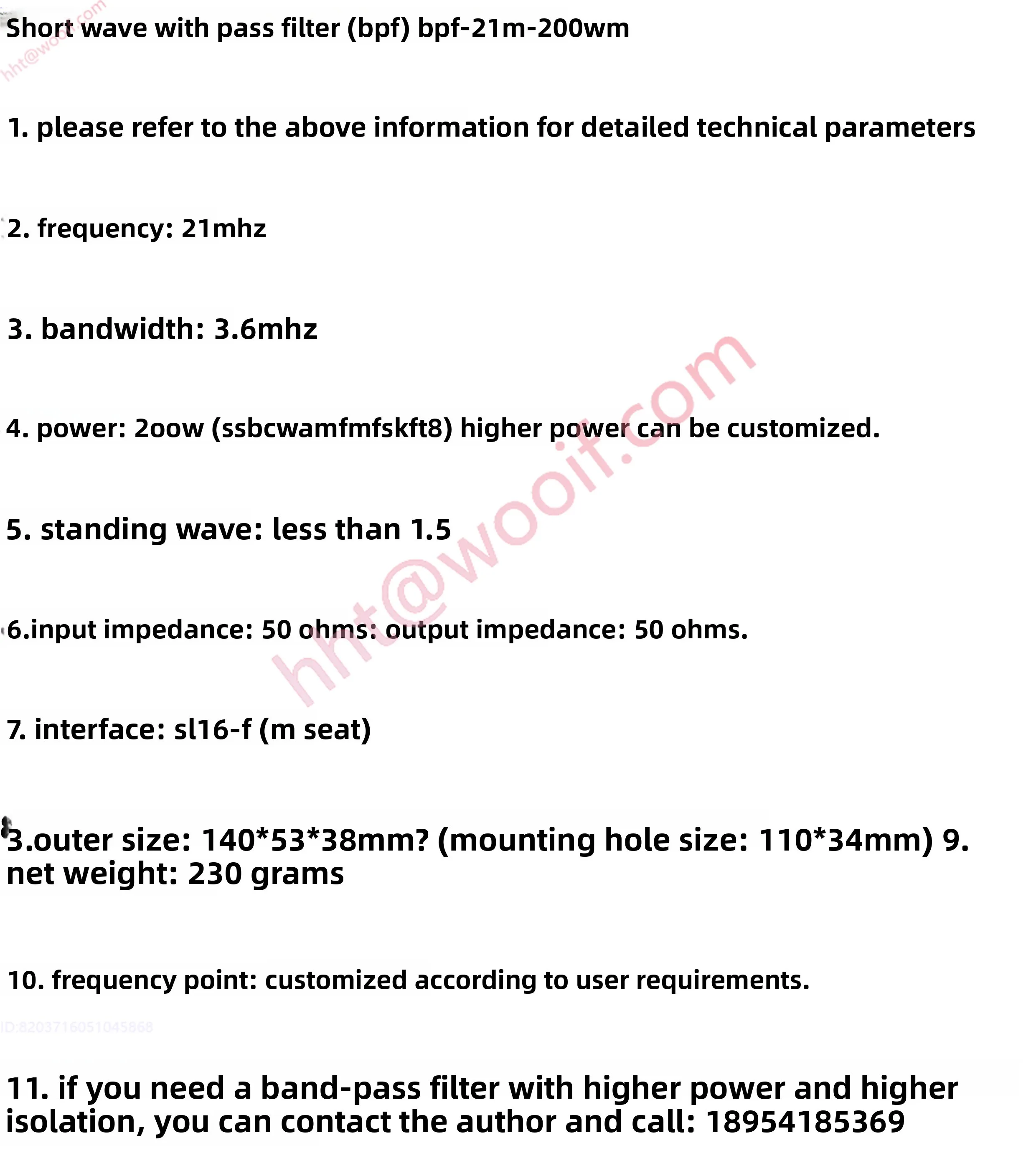Filtro passa banda 21 MHz 15 m (BPF) - Filtro LC da 200 W per comunicazione a onde corte