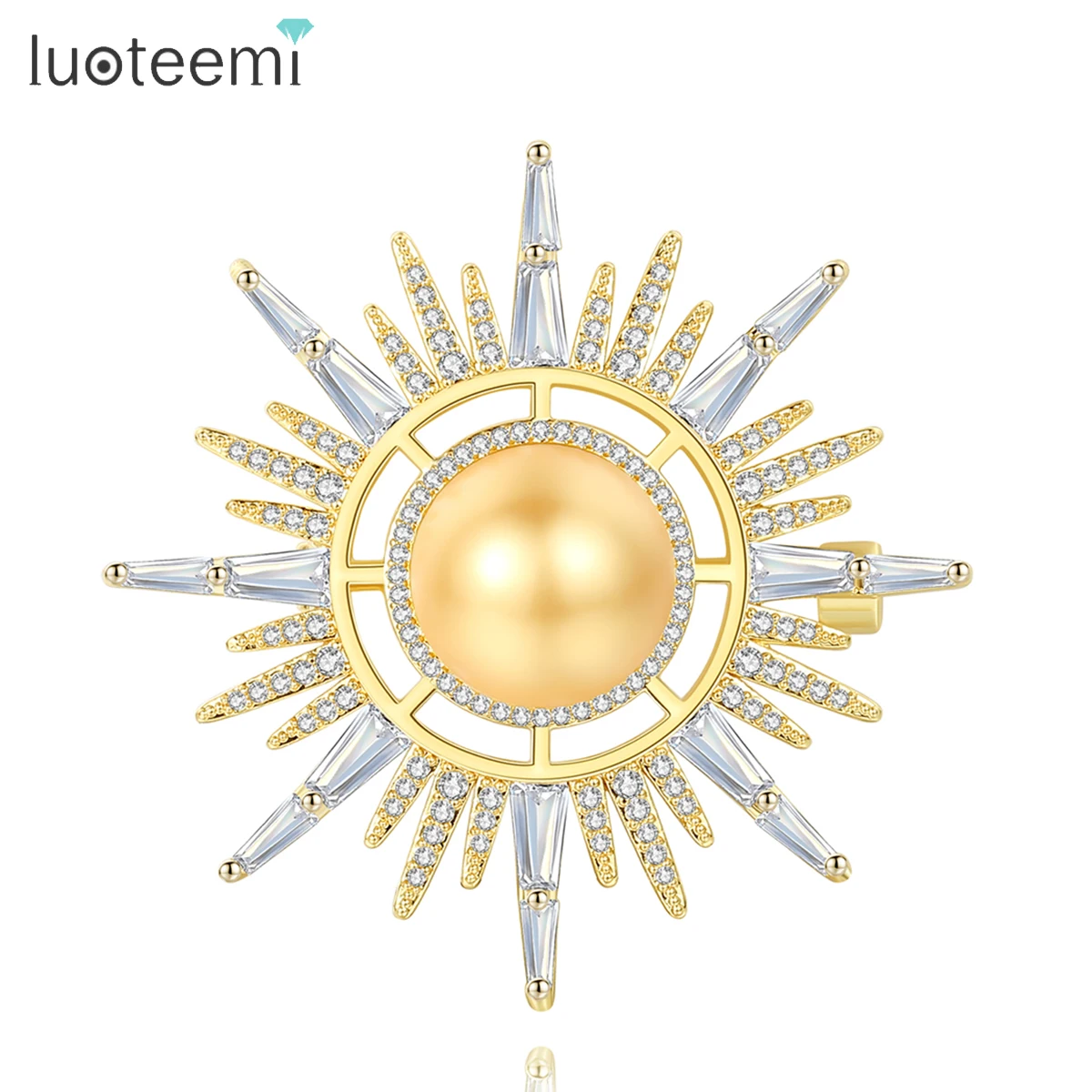 

LUOTEEMI Gold Color Big Shinning Sun Shape Brooches for Women Luxury Design with Yellow Pearls Clothes Accessories Trendy Pins